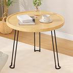 Round Natural Wood Tray Top End Table for Living Room