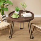 Round Natural Wood Tray Top End Table for Living Room