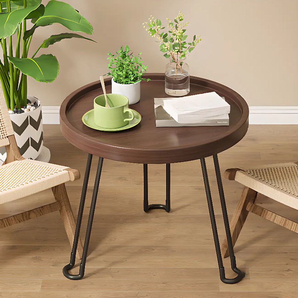 Round Natural Wood Tray Top End Table for Living Room