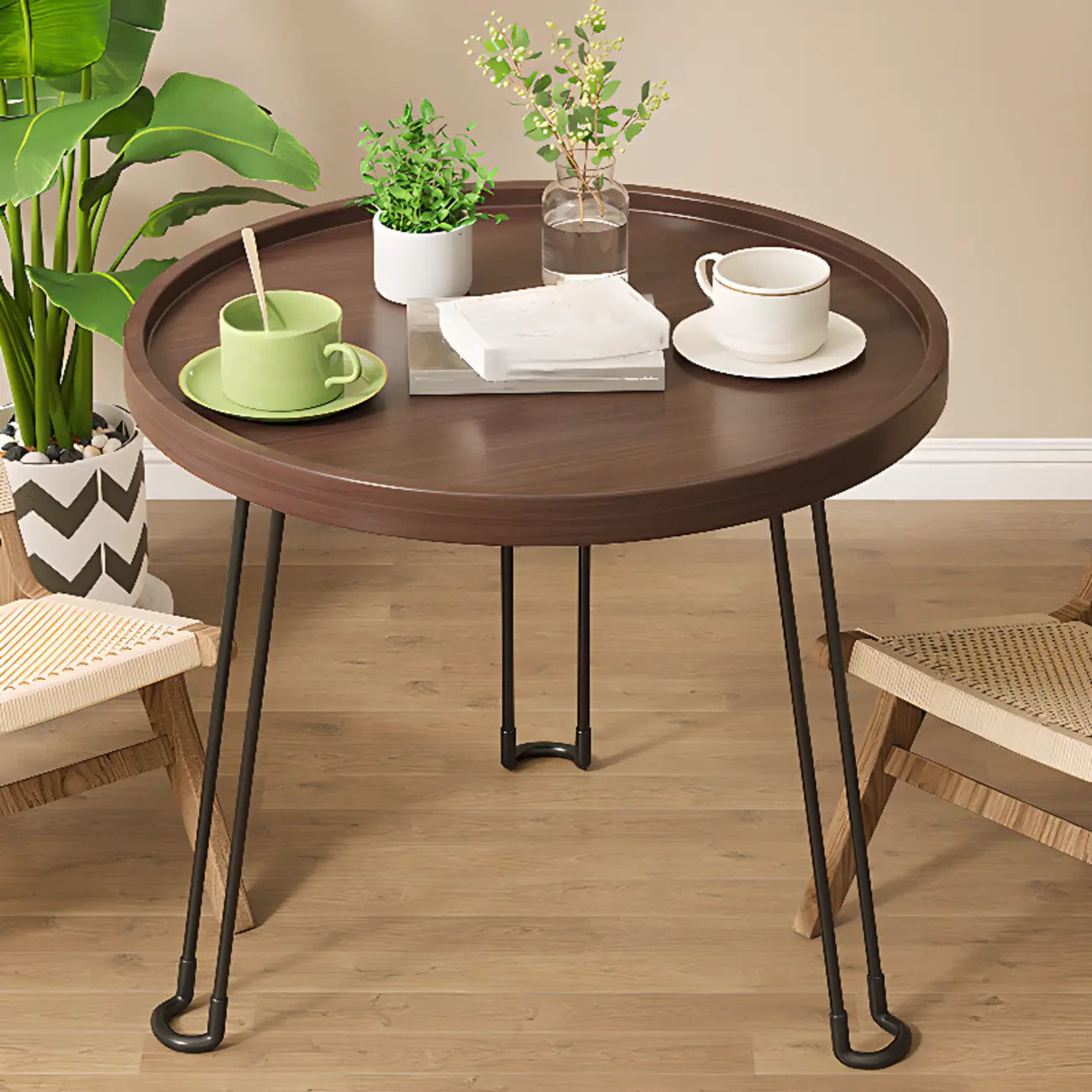 Round Natural Wood Tray Top End Table for Living Room