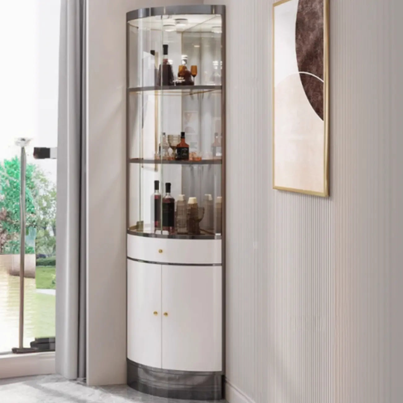 Multiple Levels Glass and Metal Shelf Storage Display Corner Wine Cabinet