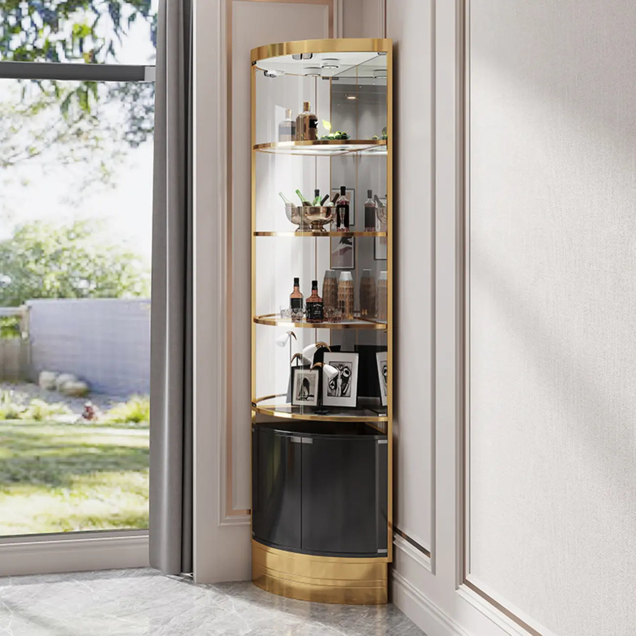 Multiple Levels Glass and Metal Shelf Storage Display Corner Wine Cabinet