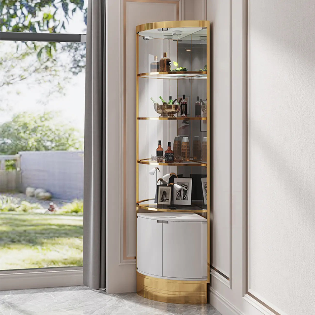 Multiple Levels Glass and Metal Shelf Storage Display Corner Wine Cabinet