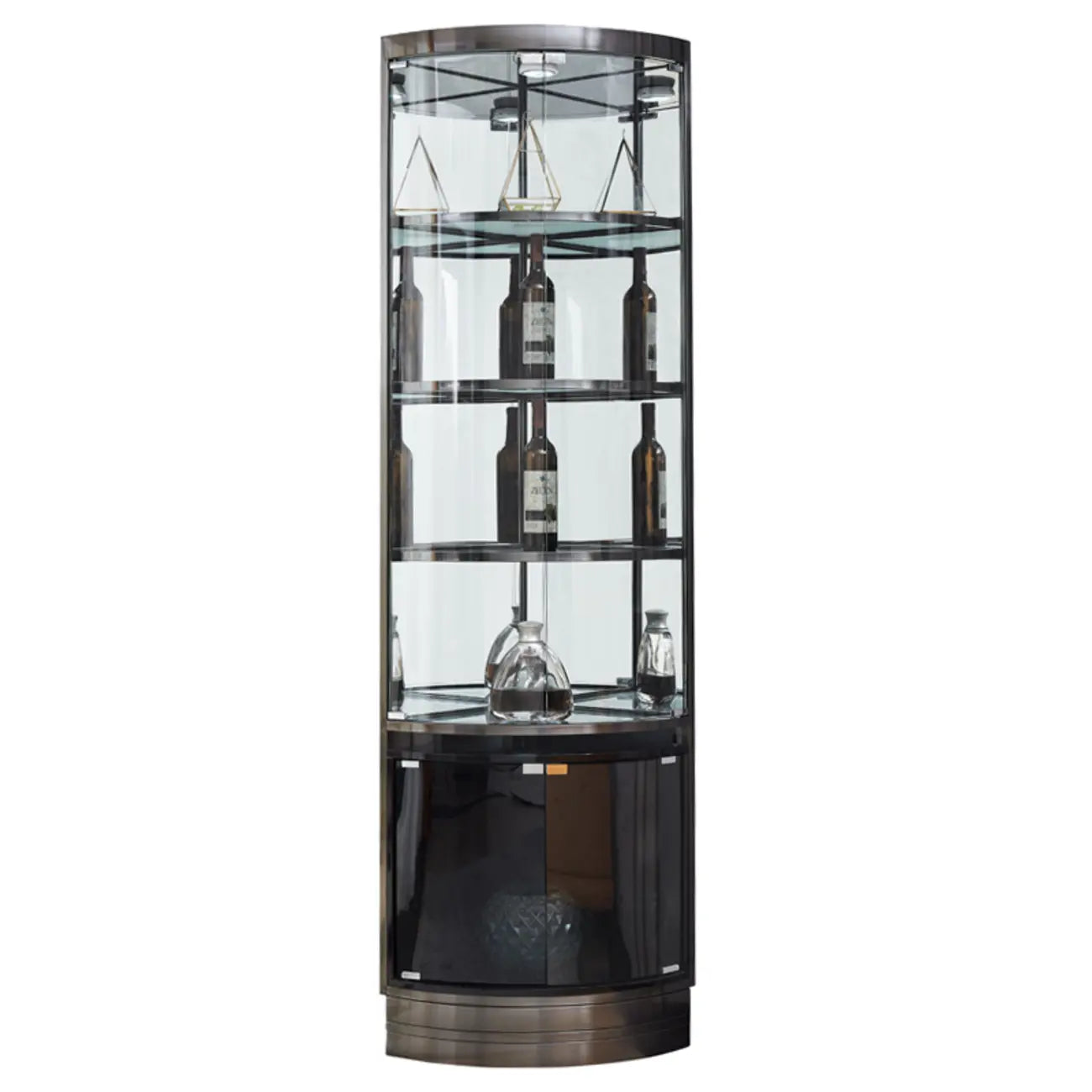 Multiple Levels Glass and Metal Shelf Storage Display Corner Wine Cabinet