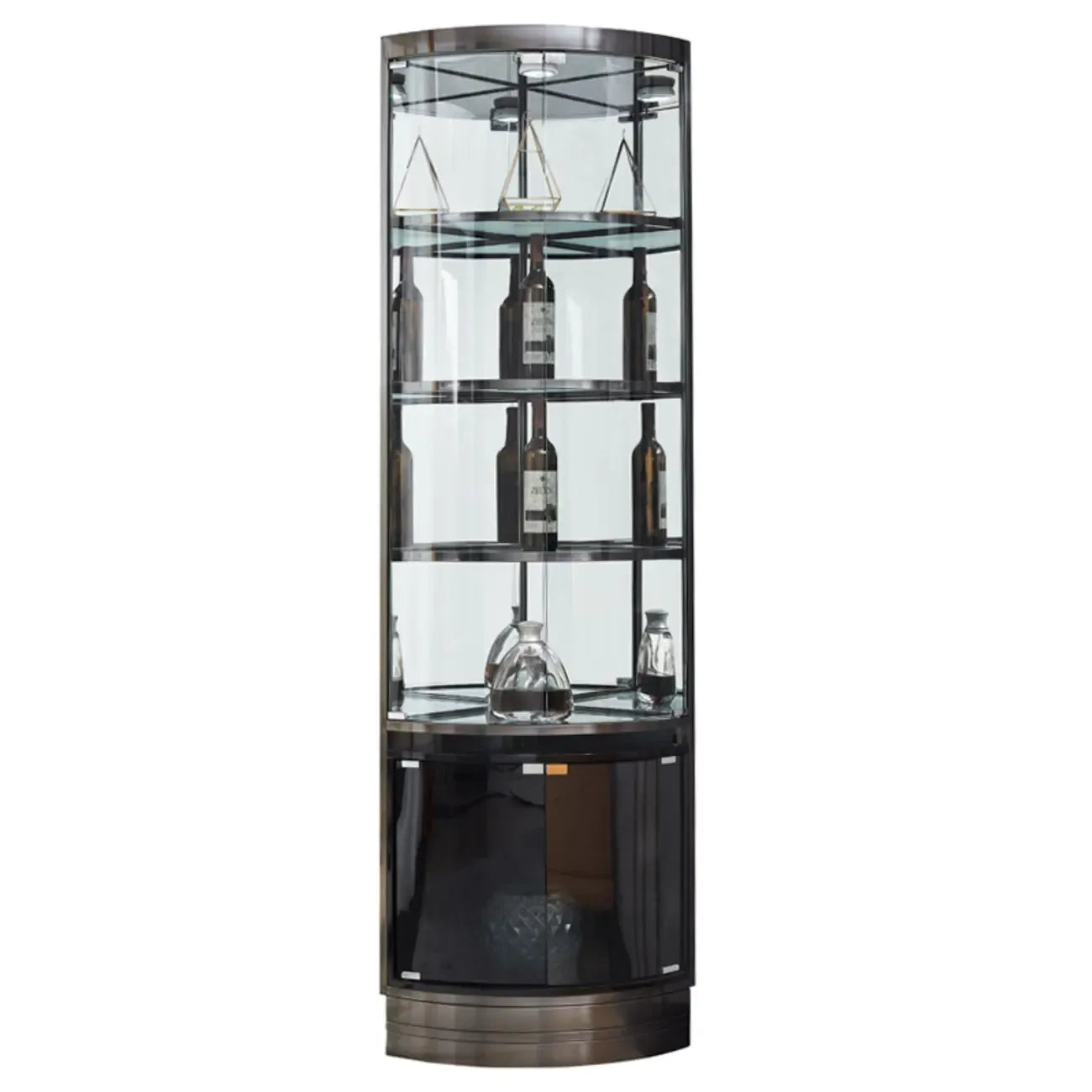 Multiple Levels Glass and Metal Shelf Storage Display Corner Wine Cabinet