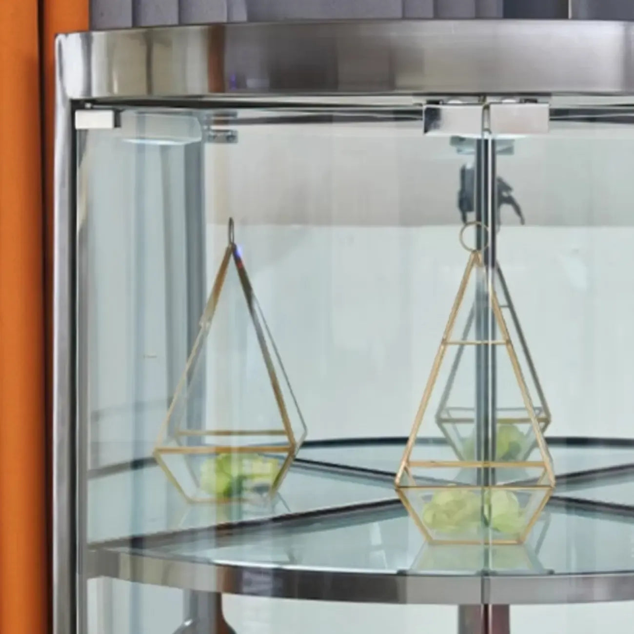 Multiple Levels Glass and Metal Shelf Storage Display Corner Wine Cabinet