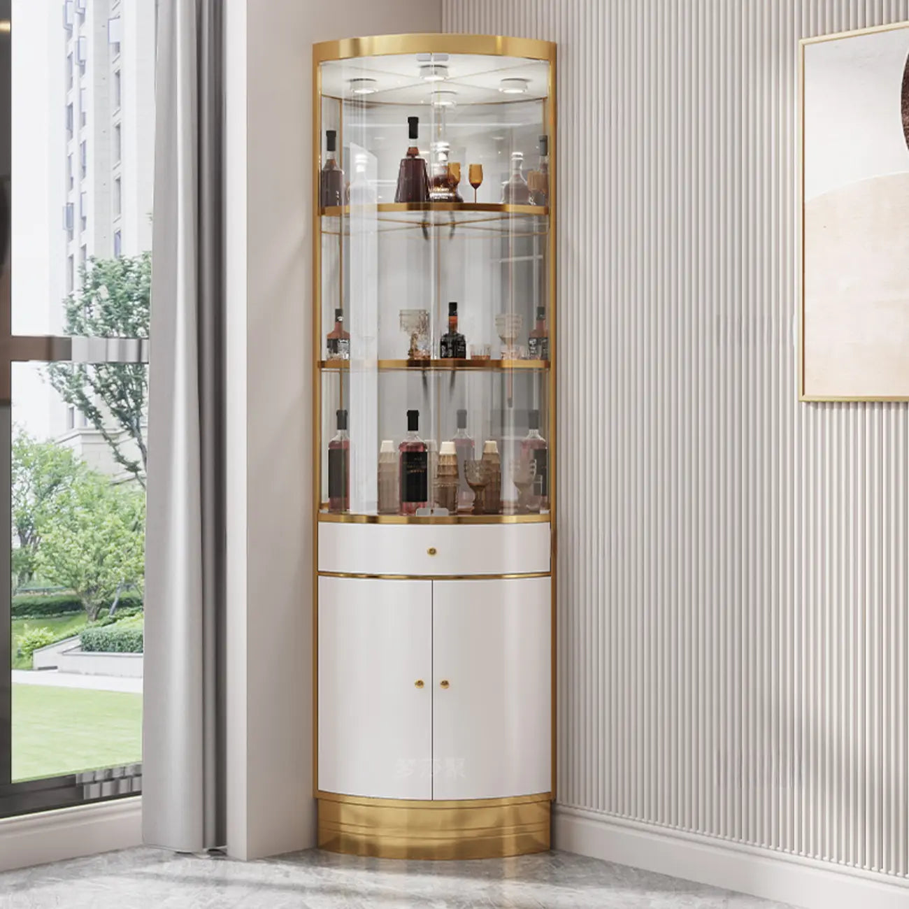 Multiple Levels Glass and Metal Shelf Storage Display Corner Wine Cabinet