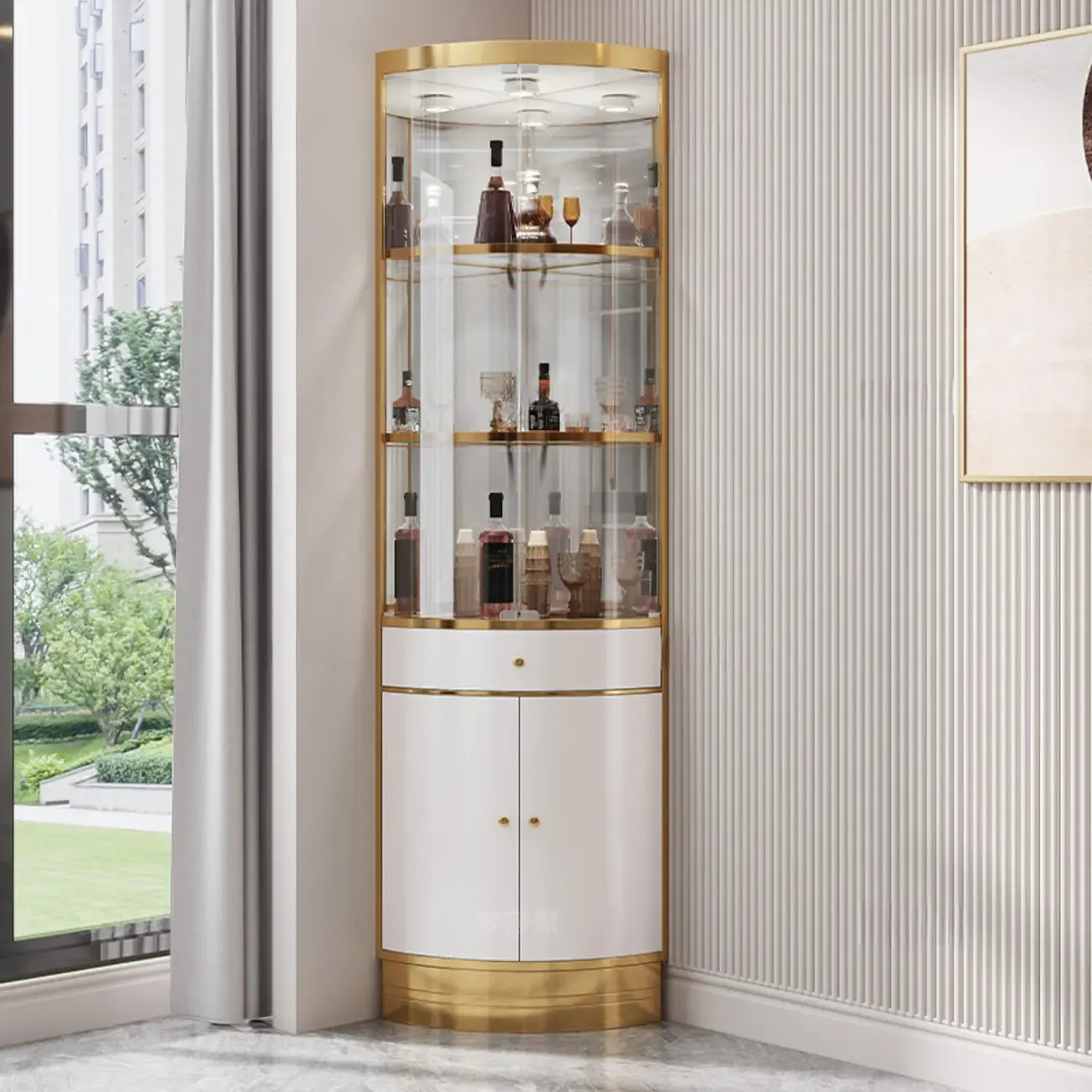 Multiple Levels Glass and Metal Shelf Storage Display Corner Wine Cabinet