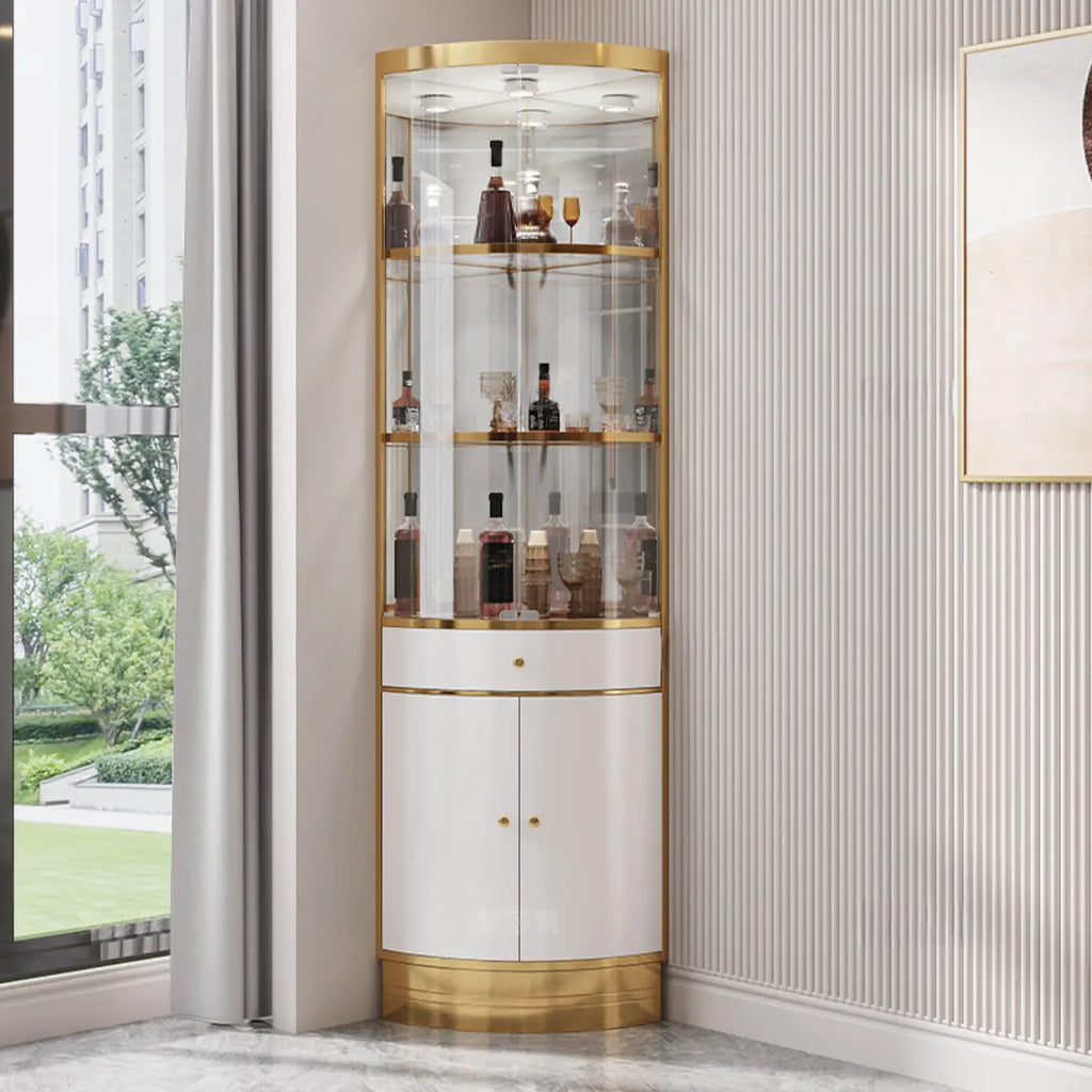 Multiple Levels Glass and Metal Shelf Storage Display Corner Wine Cabinet