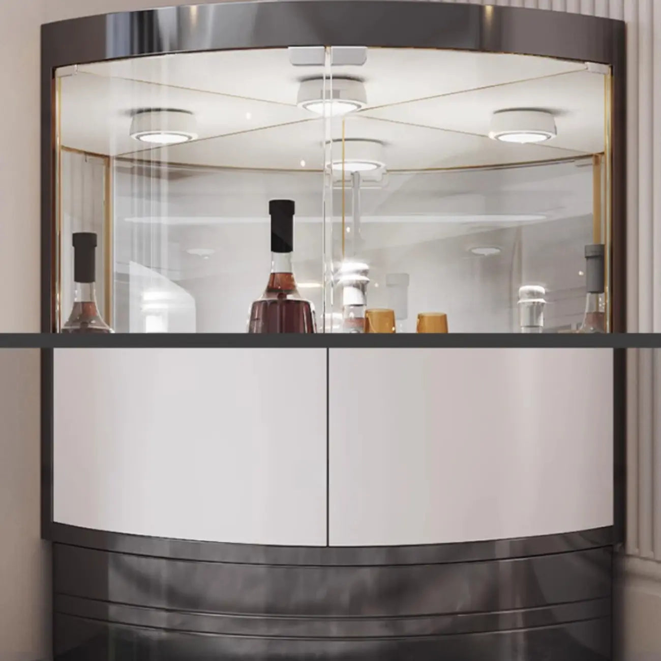 Multiple Levels Glass and Metal Shelf Storage Display Corner Wine Cabinet