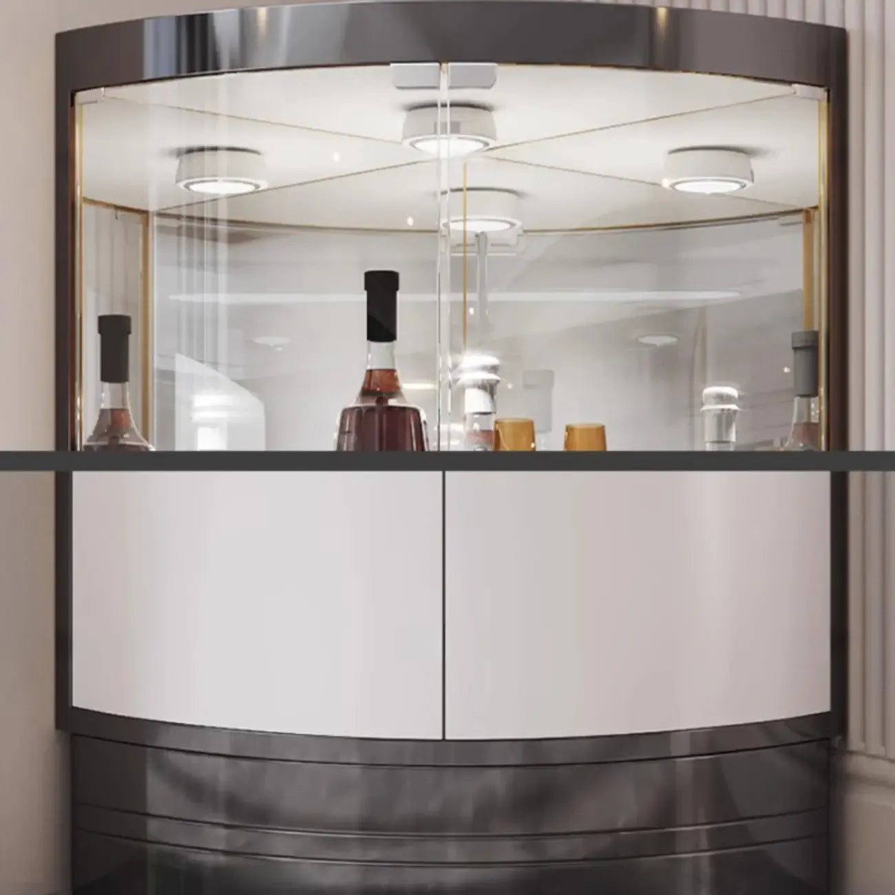 Multiple Levels Glass and Metal Shelf Storage Display Corner Wine Cabinet