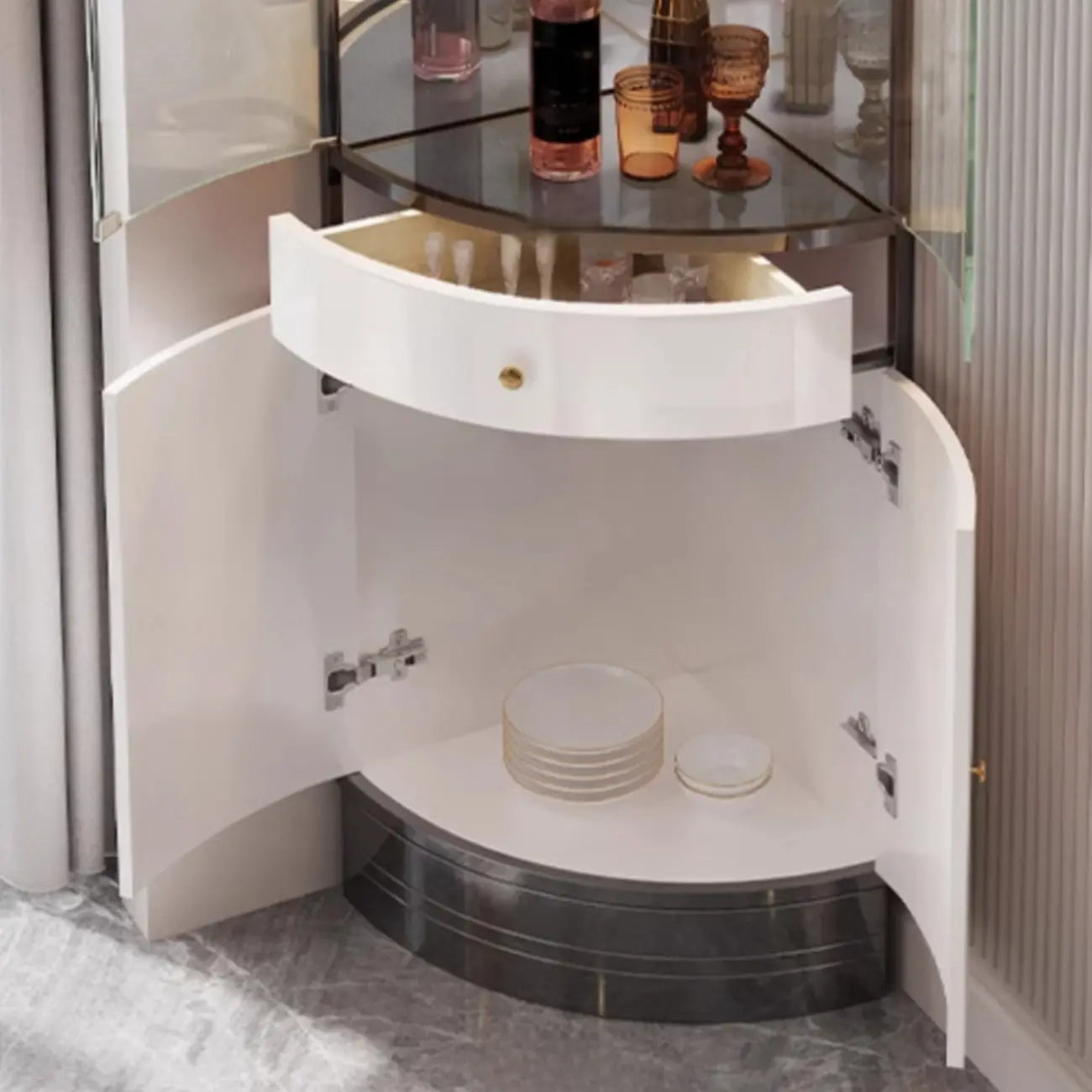 Multiple Levels Glass and Metal Shelf Storage Display Corner Wine Cabinet