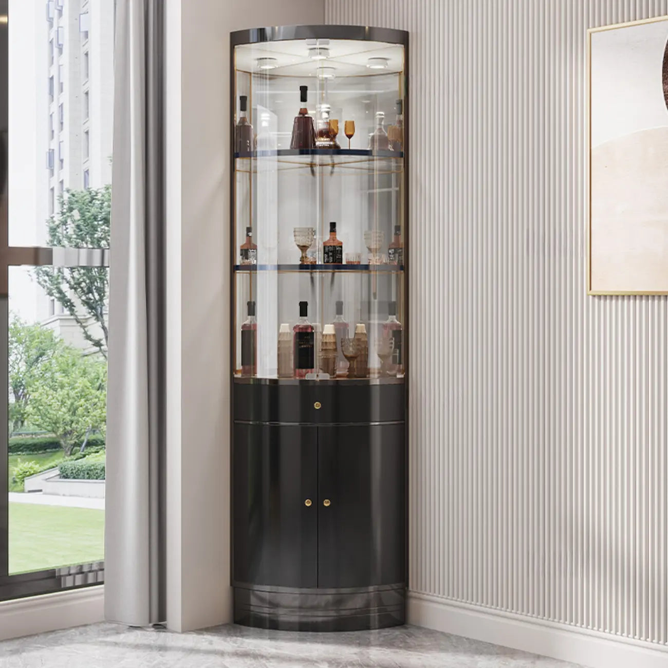 Multiple Levels Glass and Metal Shelf Storage Display Corner Wine Cabinet