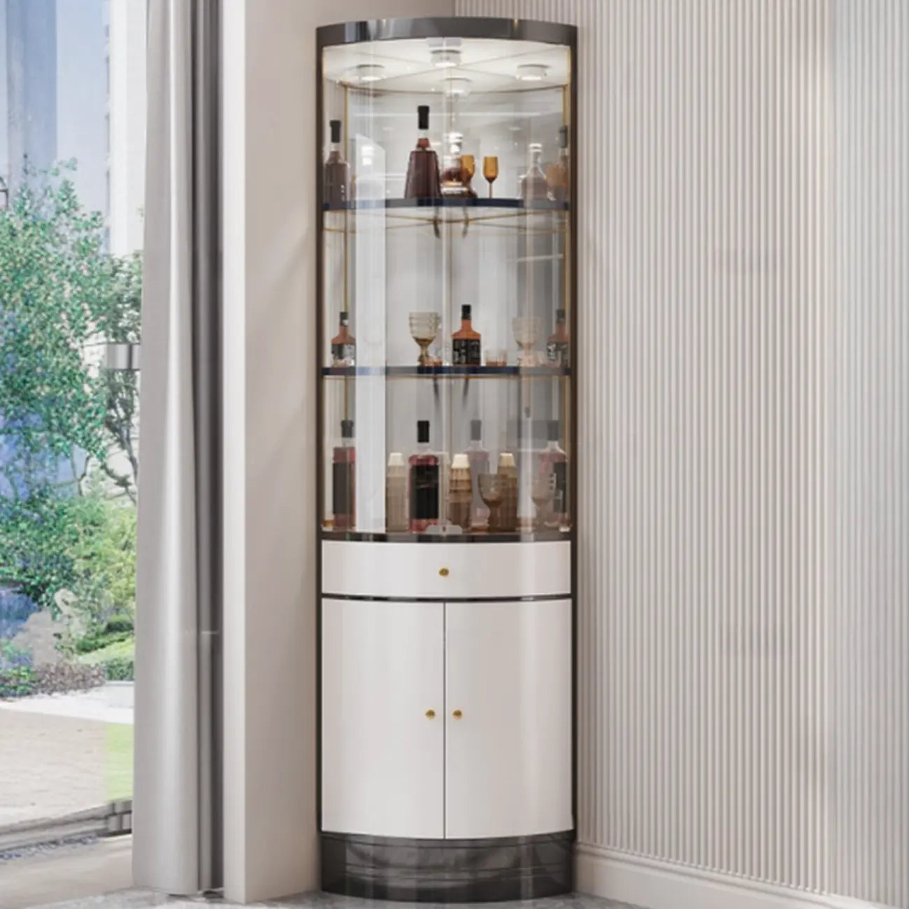 Multiple Levels Glass and Metal Shelf Storage Display Corner Wine Cabinet