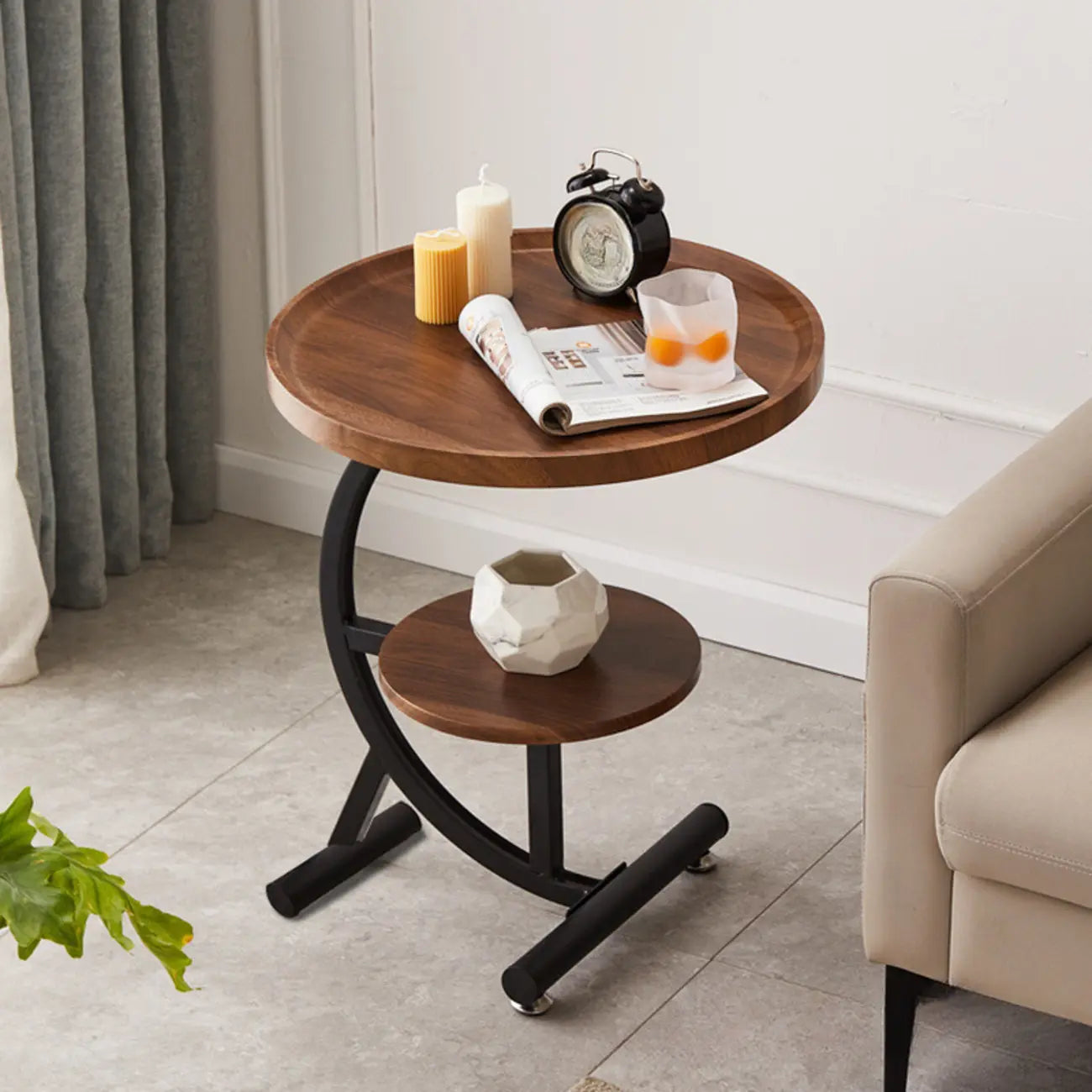 2-Tier C-Shaped Brown Wooden End Table with Storage