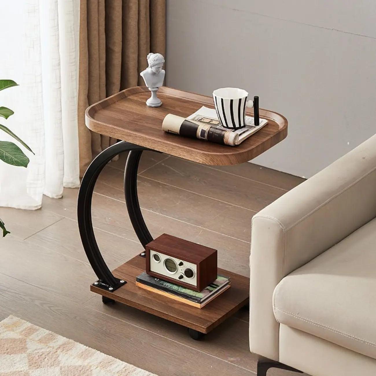 2-Tier C-Shaped Brown Wooden End Table with Storage