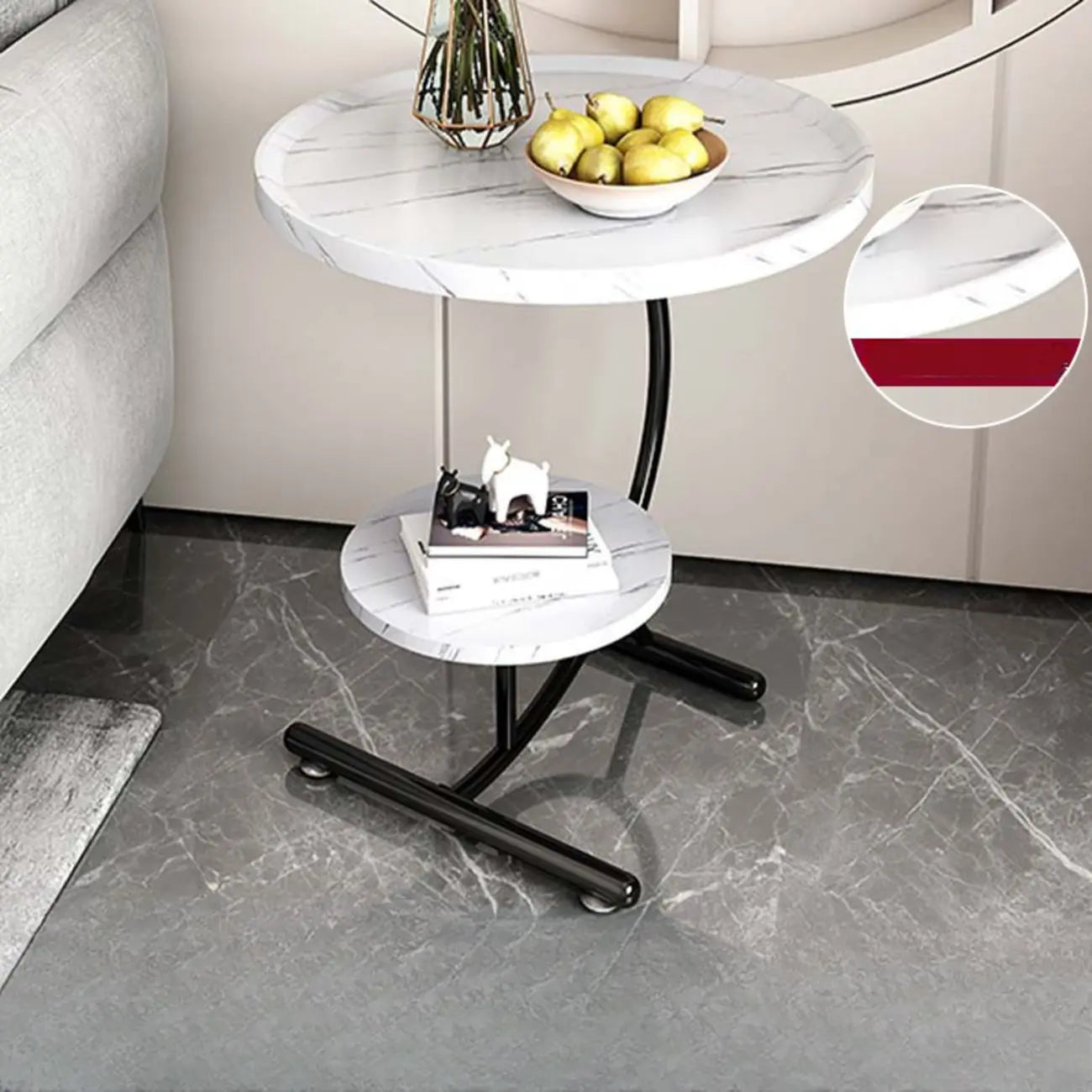 2-Tier C-Shaped Brown Wooden End Table with Storage