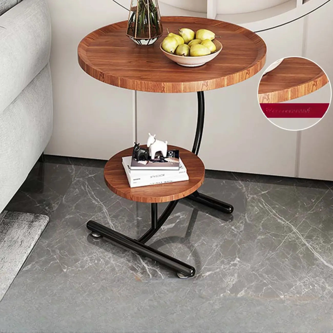 2-Tier C-Shaped Brown Wooden End Table with Storage
