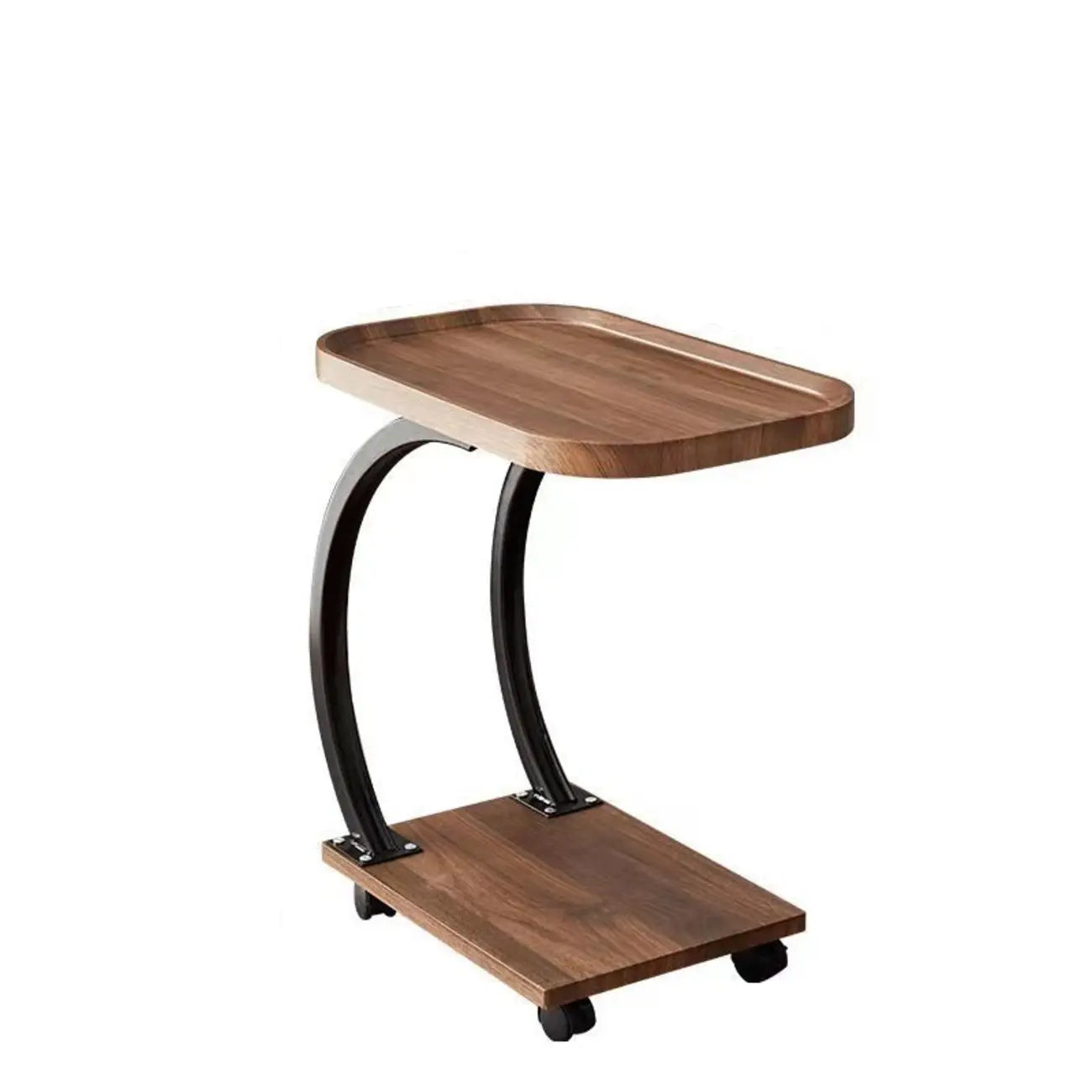 2-Tier C-Shaped Brown Wooden End Table with Storage