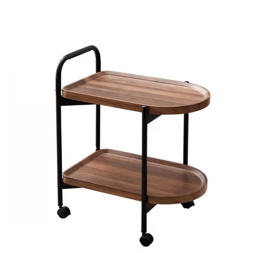 2-Tier C-Shaped Brown Wooden End Table with Storage