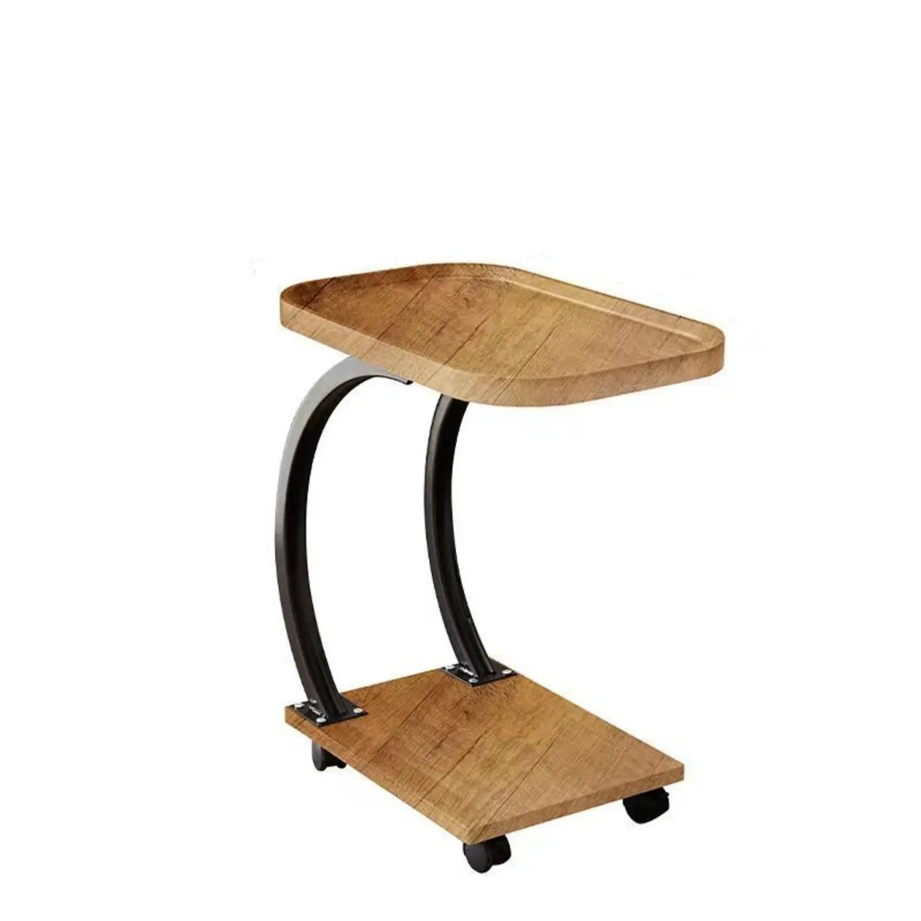 2-Tier C-Shaped Brown Wooden End Table with Storage