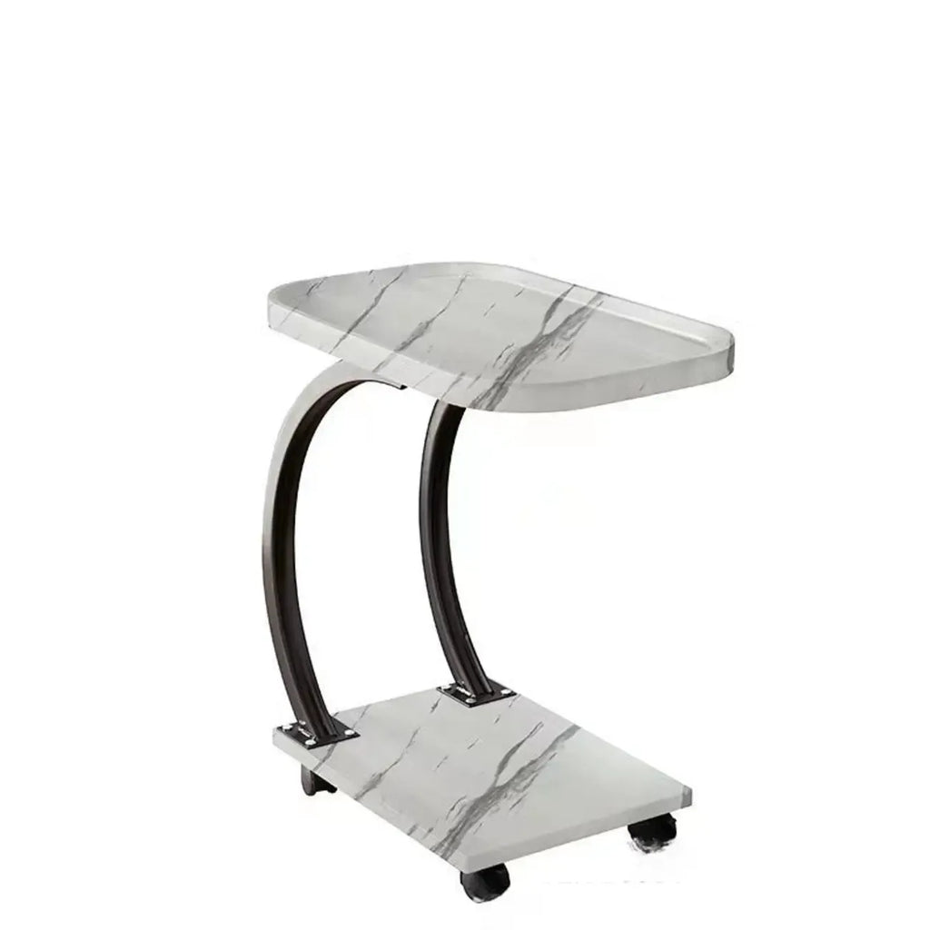 2-Tier C-Shaped Brown Wooden End Table with Storage