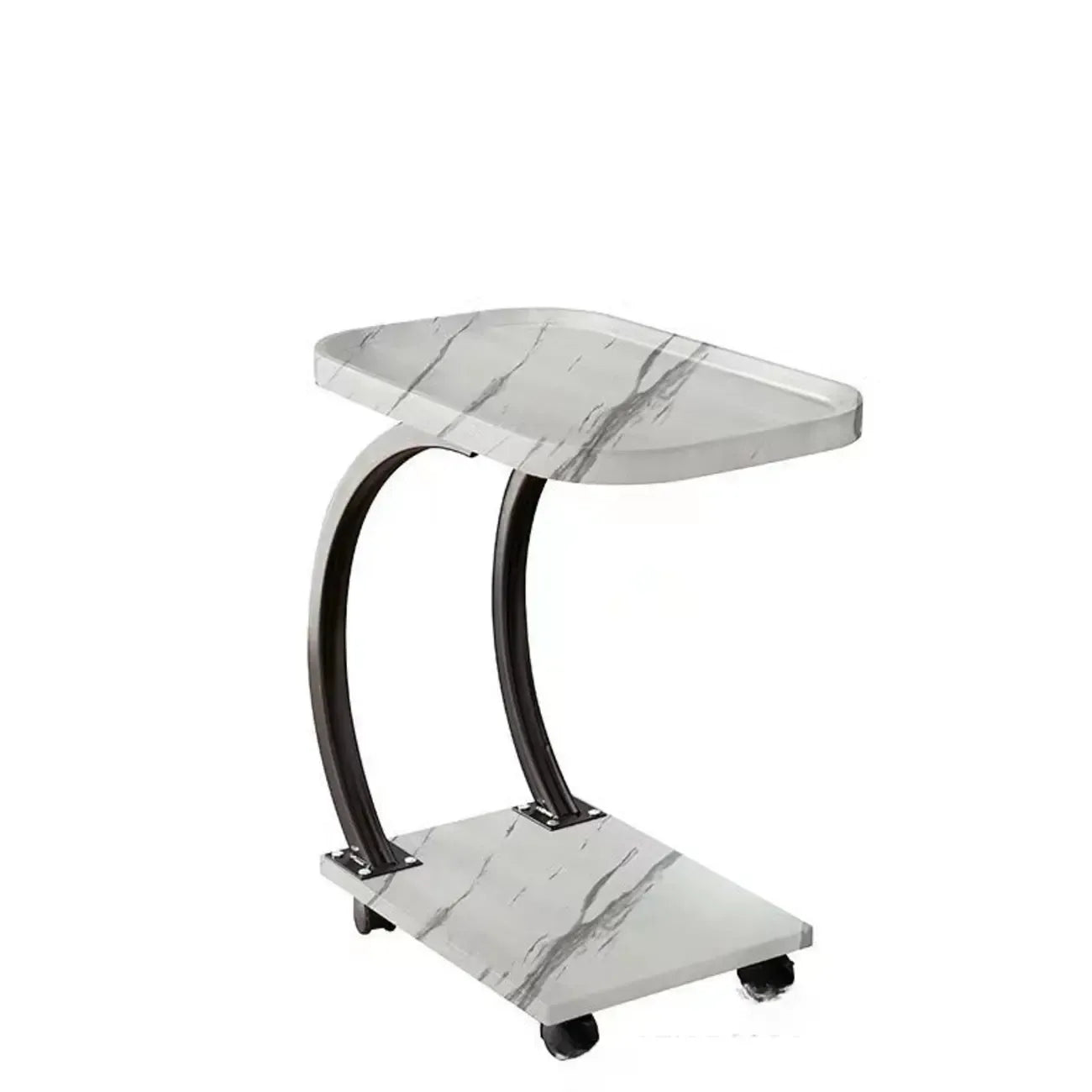 2-Tier C-Shaped Brown Wooden End Table with Storage