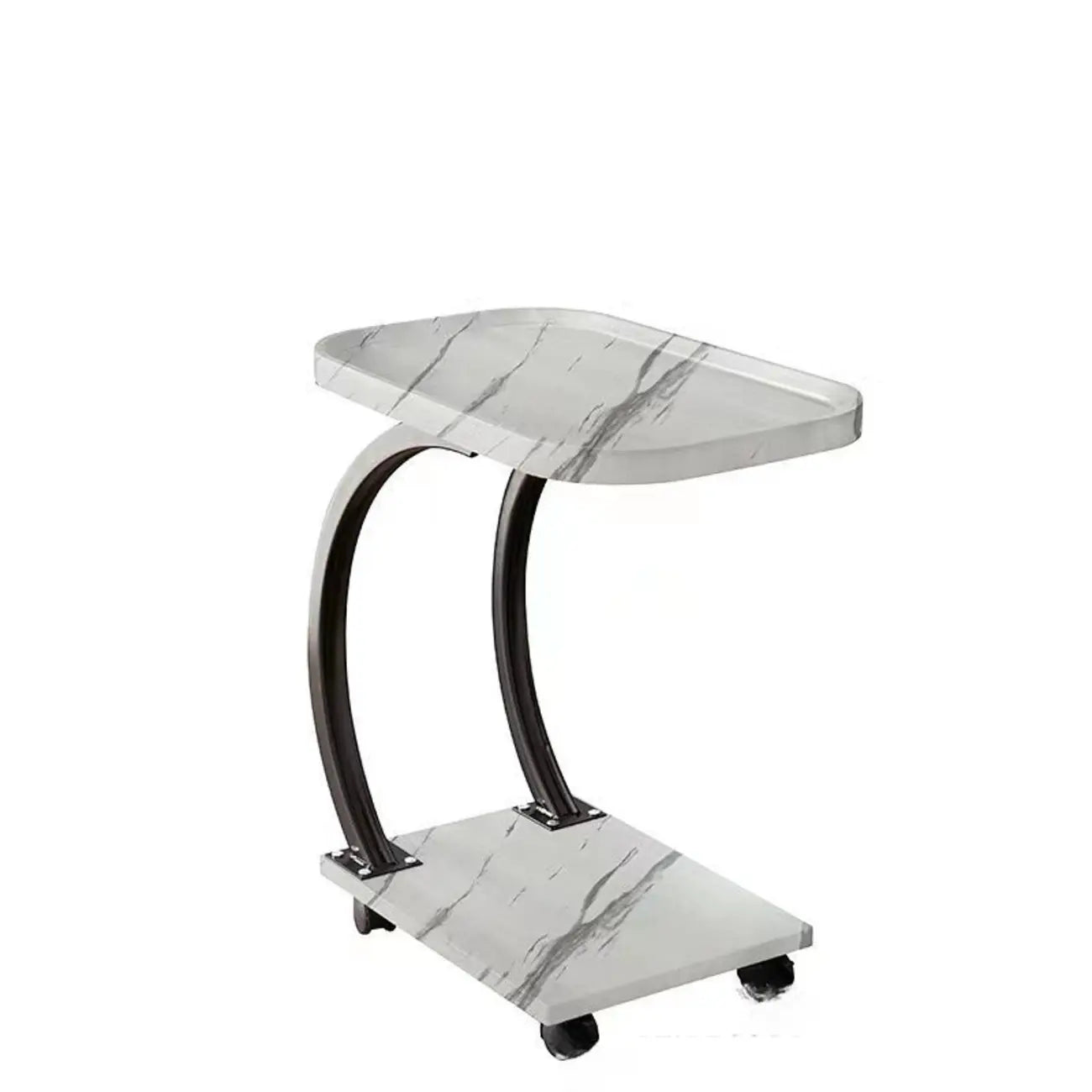 2-Tier C-Shaped Brown Wooden End Table with Storage