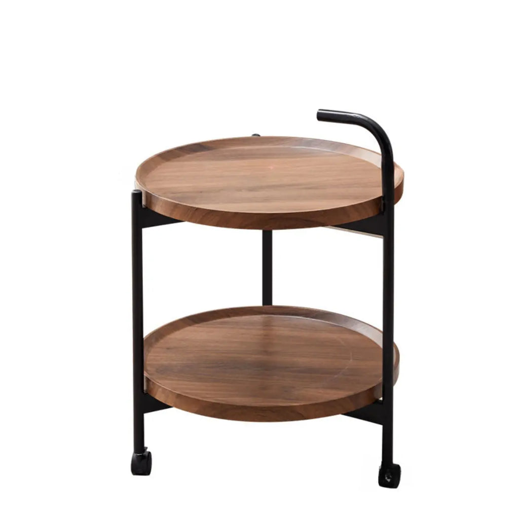 2-Tier C-Shaped Brown Wooden End Table with Storage
