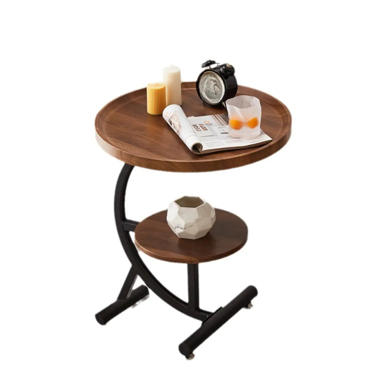 2-Tier C-Shaped Brown Wooden End Table with Storage