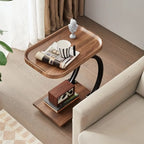 2-Tier C-Shaped Brown Wooden End Table with Storage