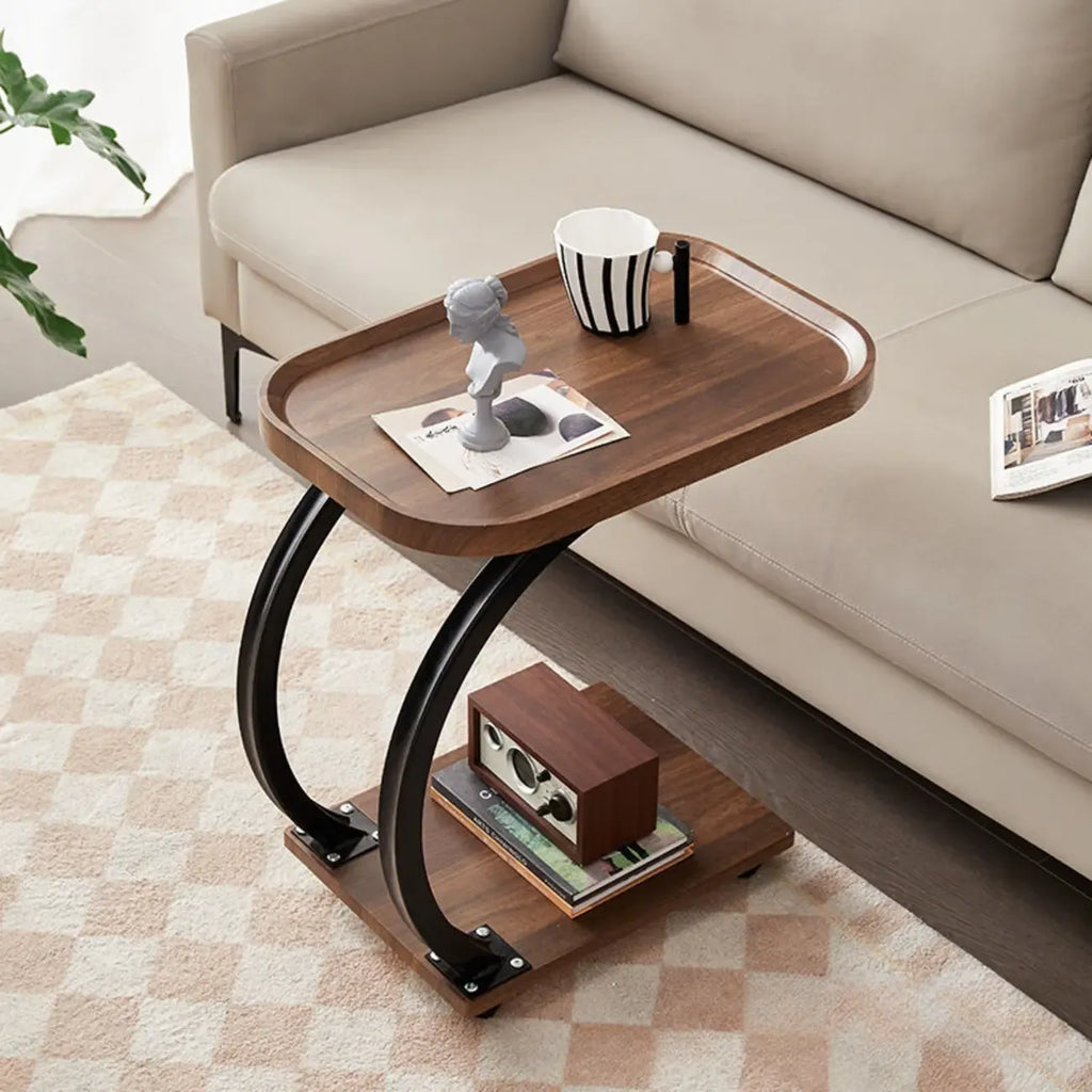 2-Tier C-Shaped Brown Wooden End Table with Storage