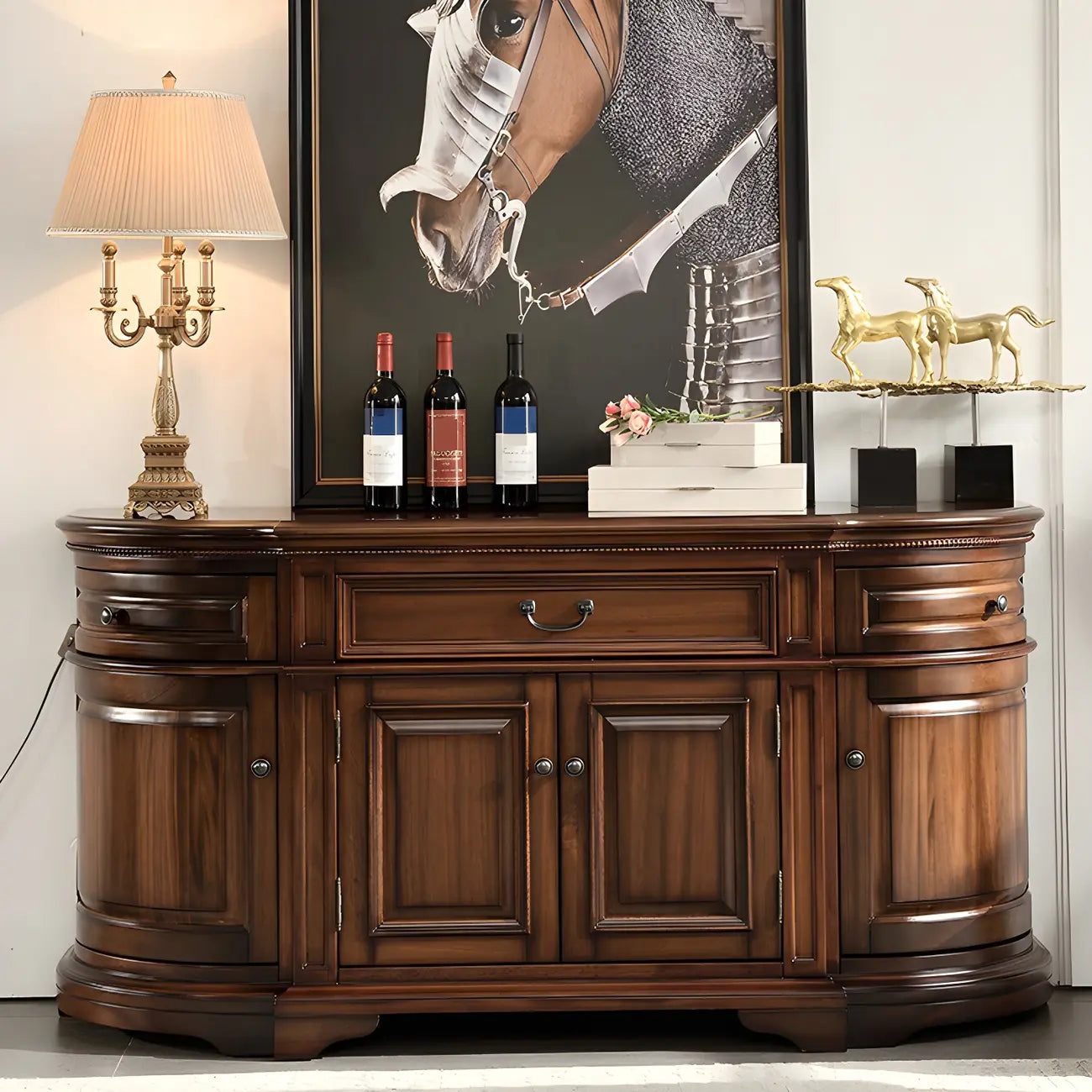 Traditional Brown Wooden Sideboard with Drawers and Cabinets