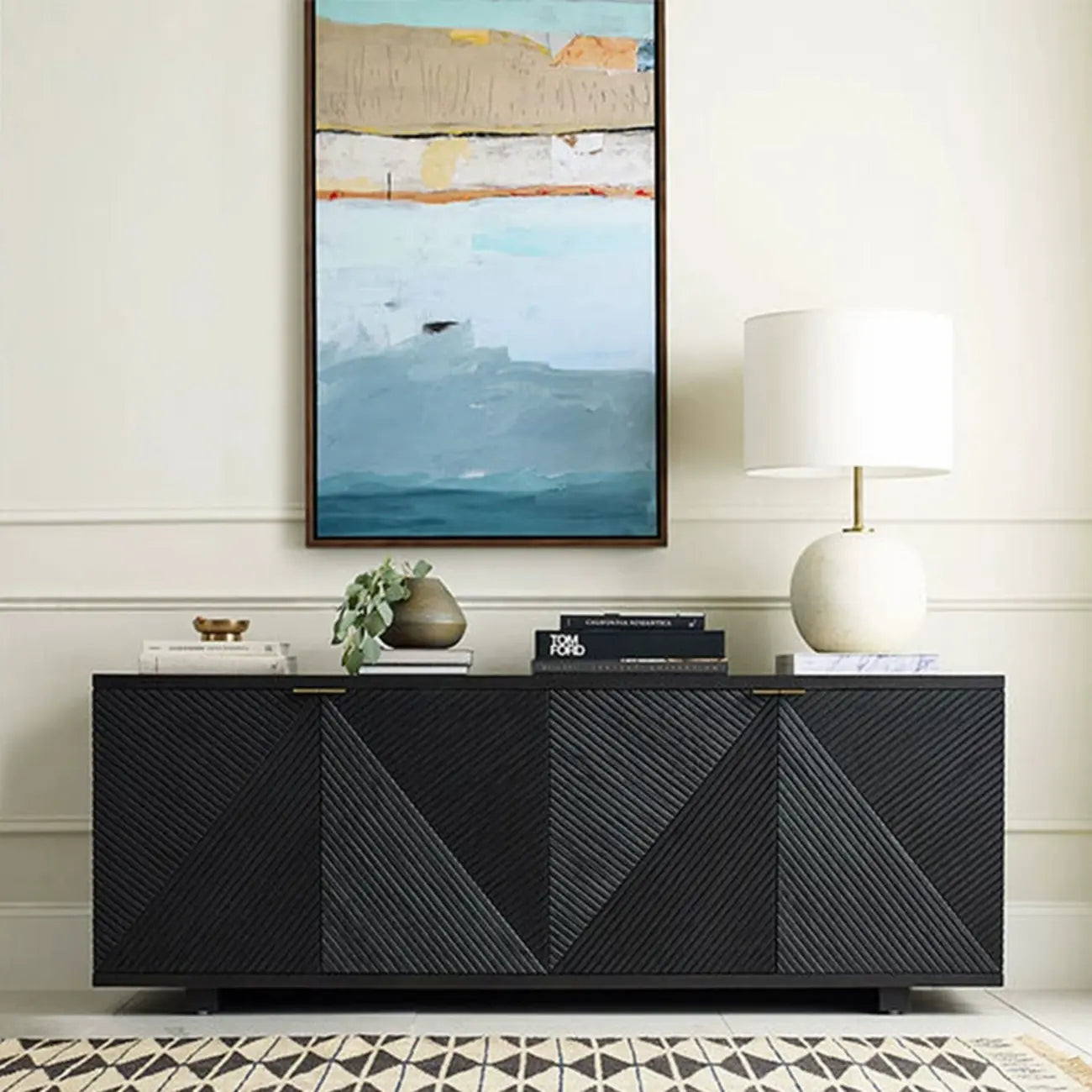 Oriental Black/Walnut Wooden Sideboard with Drawers