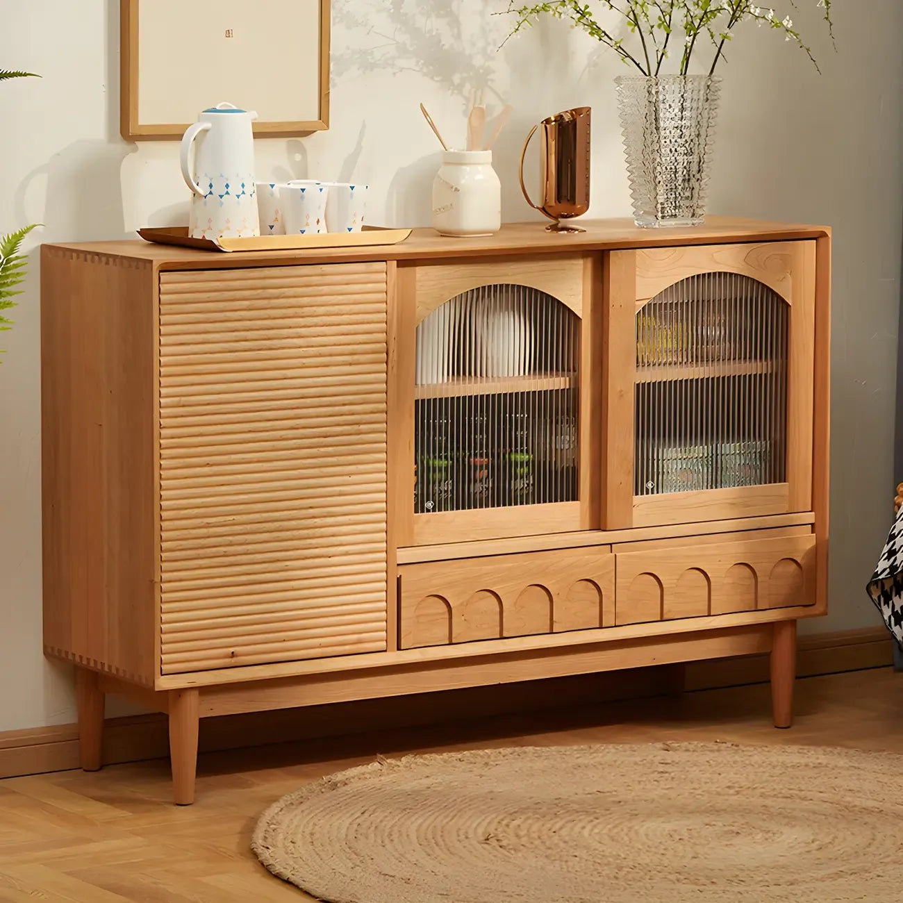 Scandinavian Yellow Wooden Sideboard with Cabinets