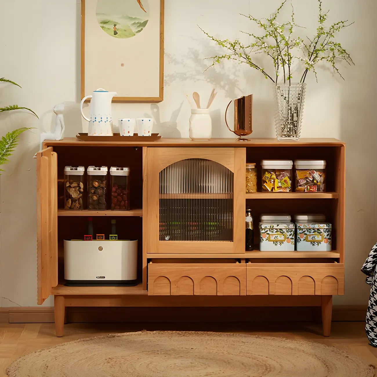 Scandinavian Yellow Wooden Sideboard with Cabinets