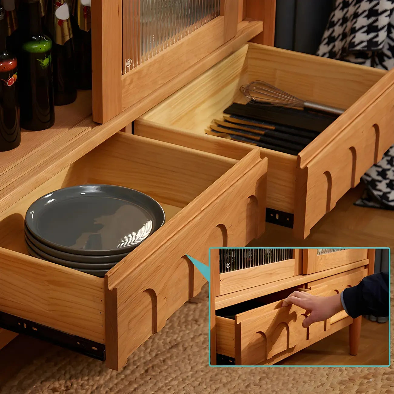 Scandinavian Yellow Wooden Sideboard with Cabinets