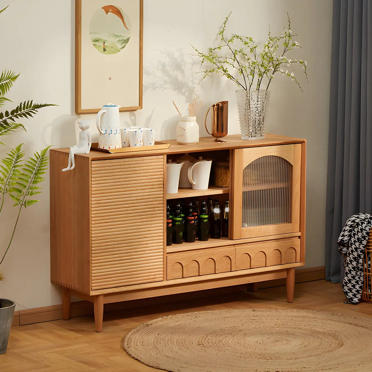 Scandinavian Yellow Wooden Sideboard with Cabinets