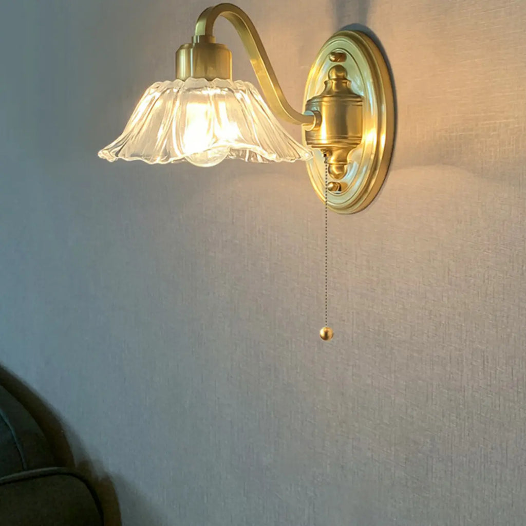 Clear Glass Floral Vanity Light with Gold Arc Arm for Bathroom