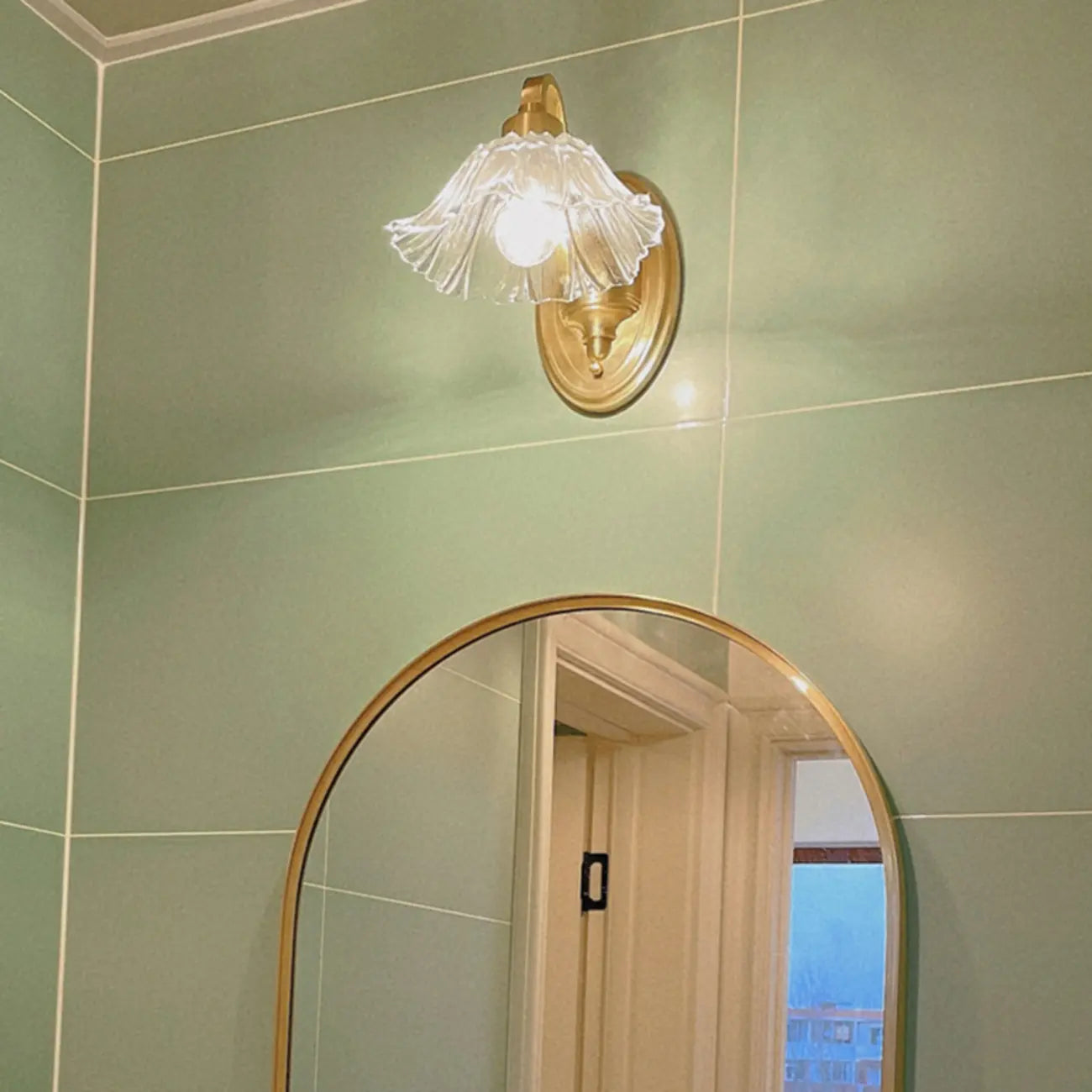 Clear Glass Floral Vanity Light with Gold Arc Arm for Bathroom