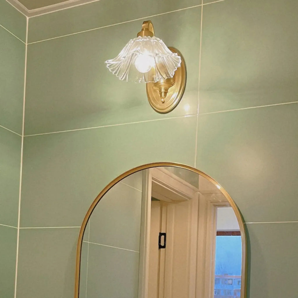 Clear Glass Floral Vanity Light with Gold Arc Arm for Bathroom