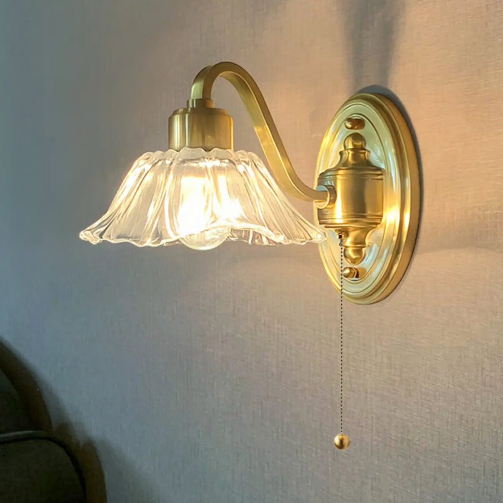 Clear Glass Floral Vanity Light with Gold Arc Arm for Bathroom