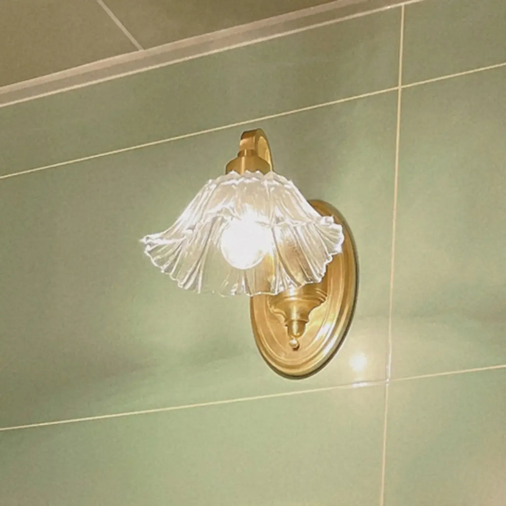 Clear Glass Floral Vanity Light with Gold Arc Arm for Bathroom