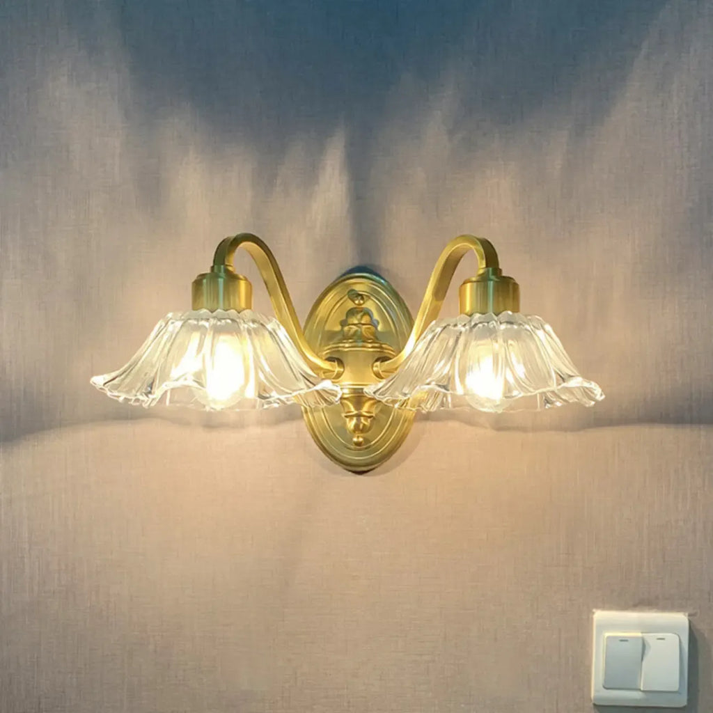 Clear Glass Floral Vanity Light with Gold Arc Arm for Bathroom