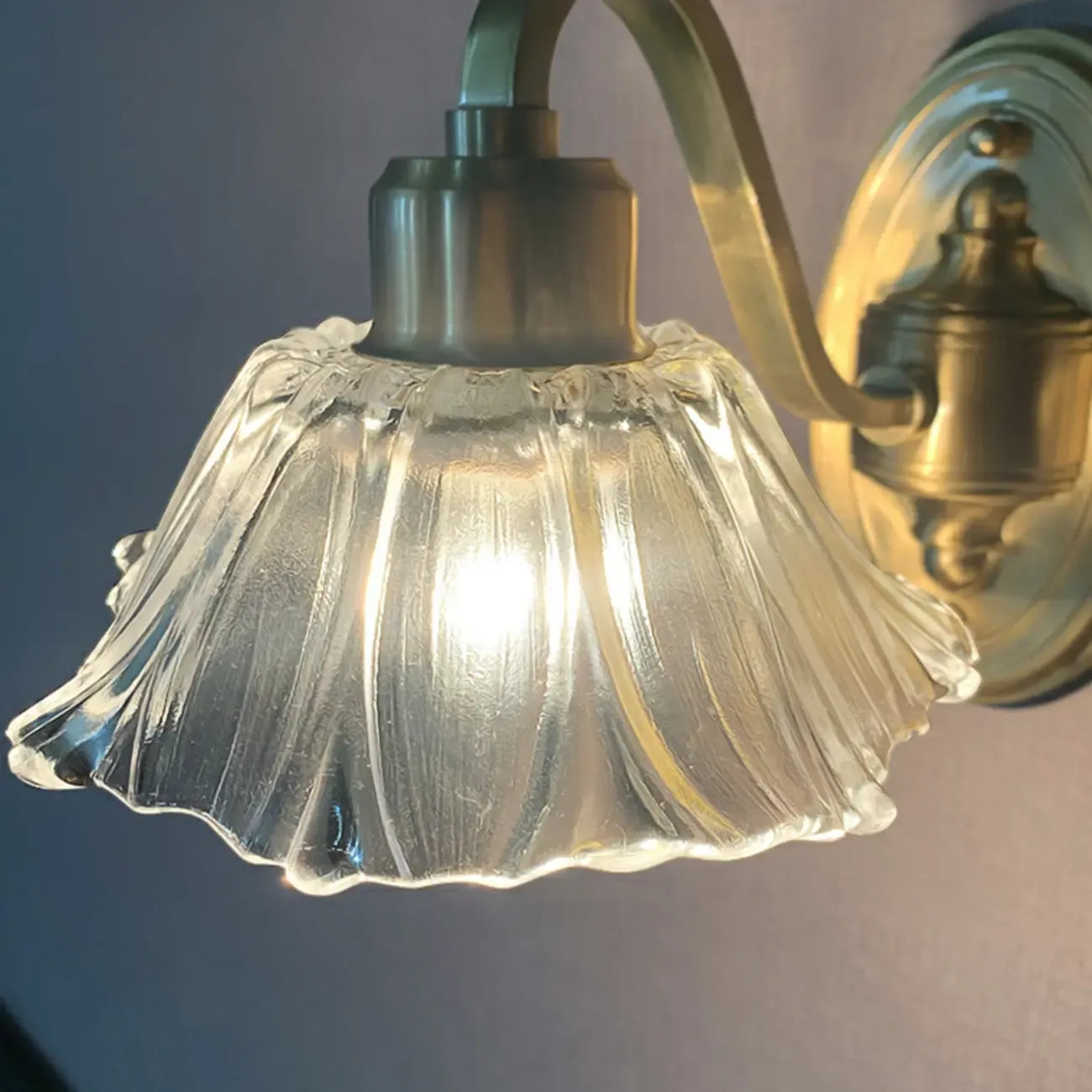 Clear Glass Floral Vanity Light with Gold Arc Arm for Bathroom