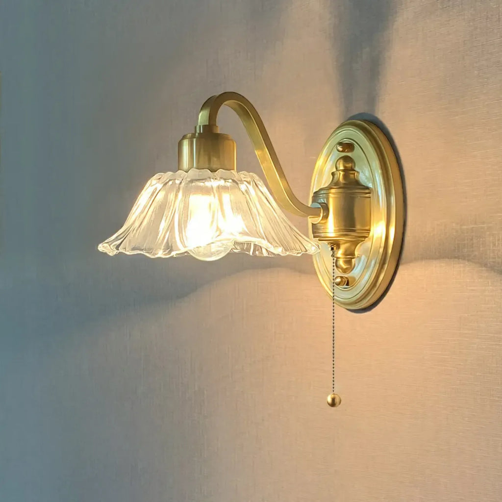 Clear Glass Floral Vanity Light with Gold Arc Arm for Bathroom