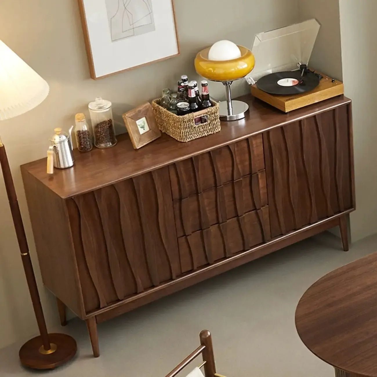 Scandinavian Brown Solid Wood Buffet Table with Drawers