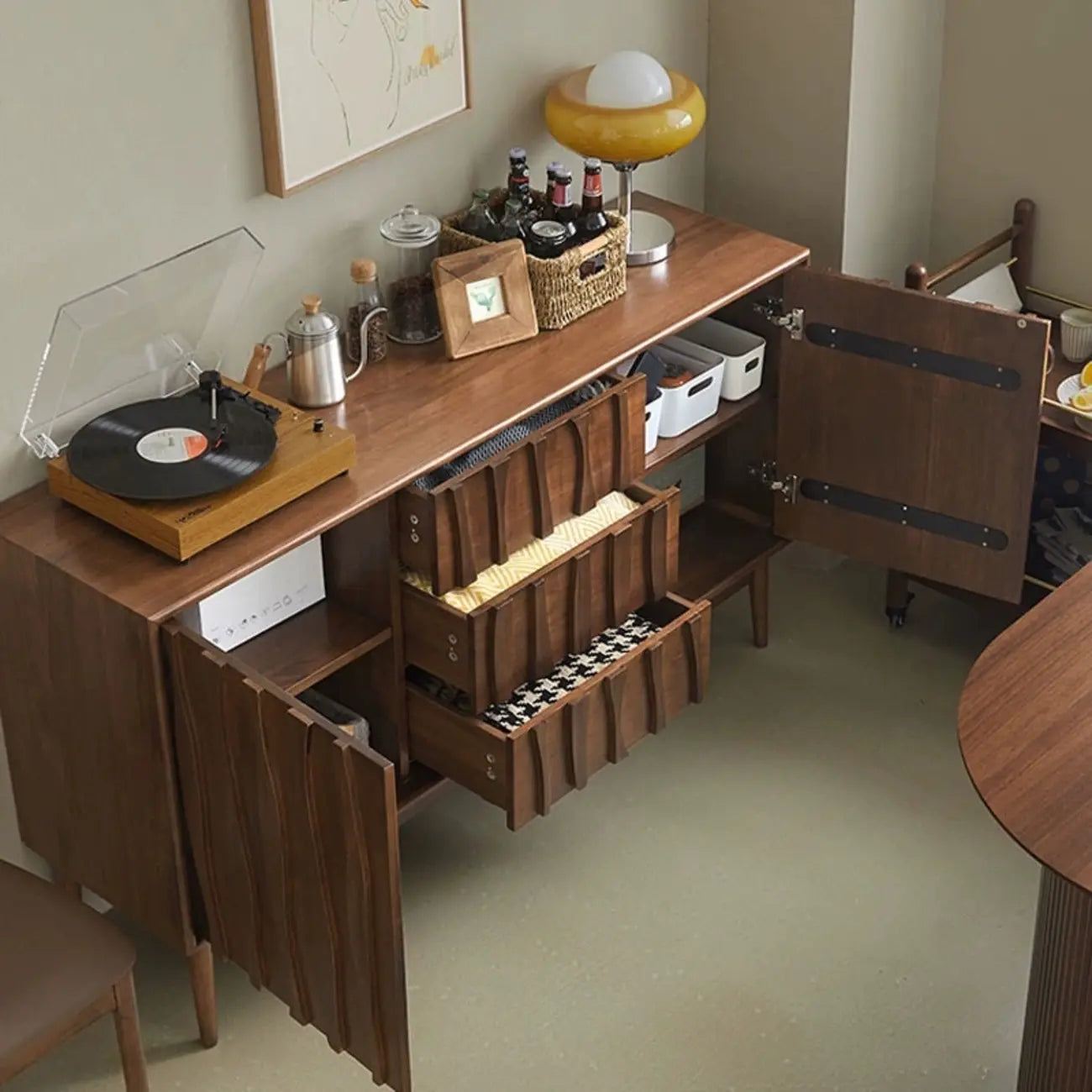 Scandinavian Brown Solid Wood Buffet Table with Drawers