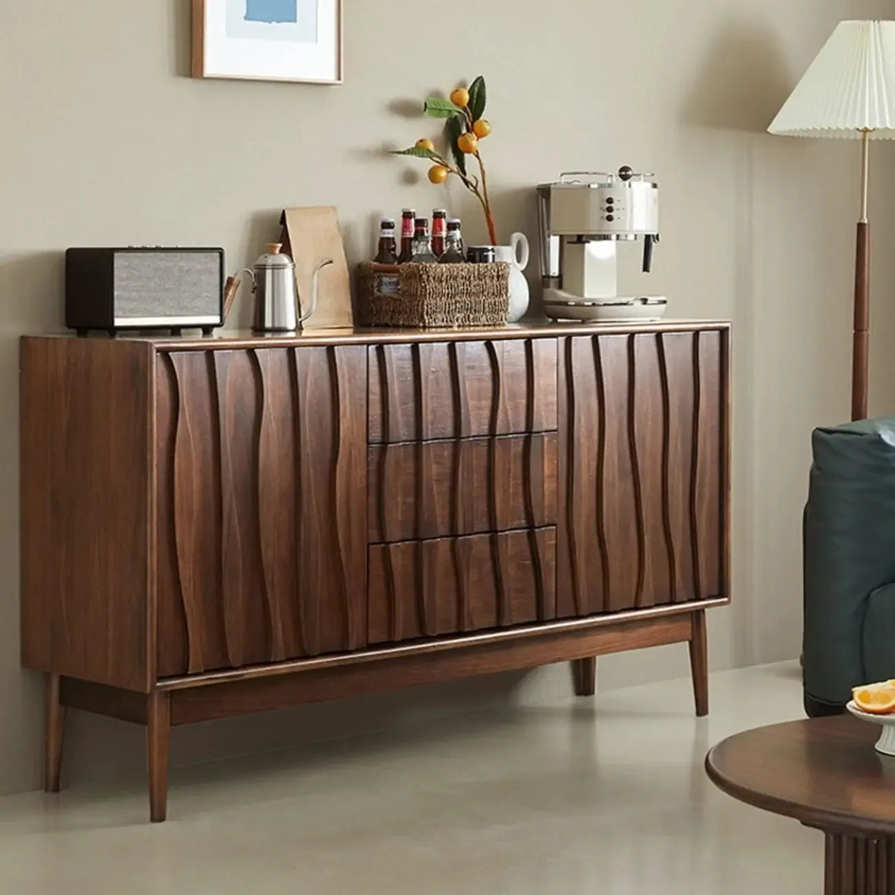 Scandinavian Brown Solid Wood Buffet Table with Drawers