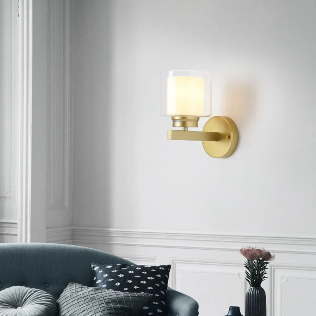 Modern Cylinder Brass Glass Shade Wall Sconce Light Fixture